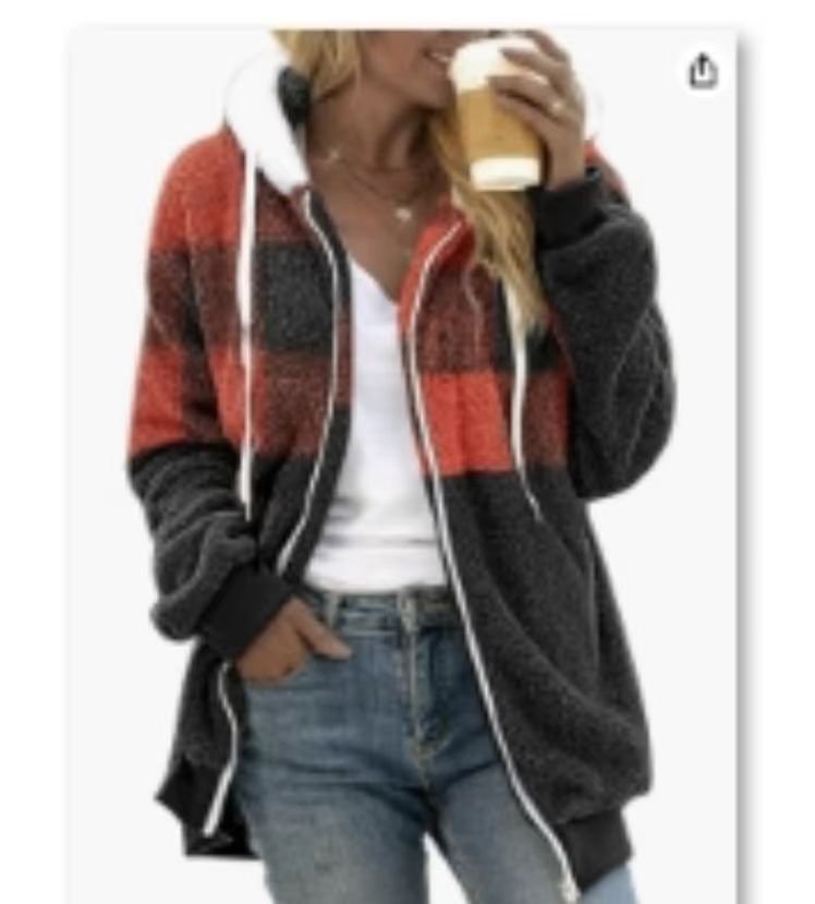 Plaid Color-block Fleece Hooded Zip-up Jacket