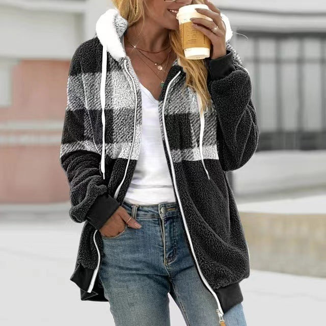 Plaid Color-block Fleece Hooded Zip-up Jacket