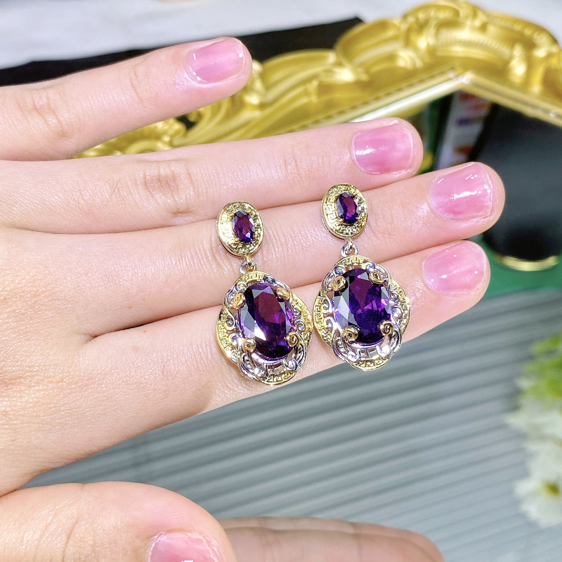 Double Color Gold Amethyst Carved Gold Craft Purple Diamond Suit / Jewelry Set