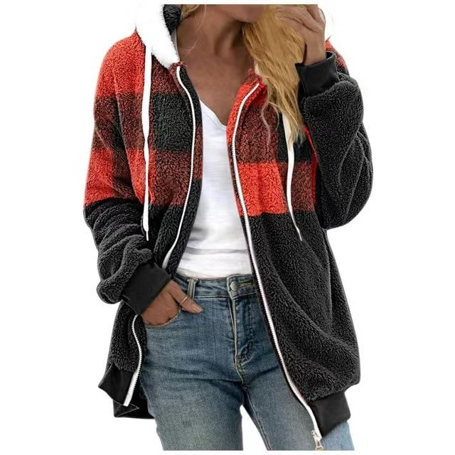 Plaid Color-block Fleece Hooded Zip-up Jacket