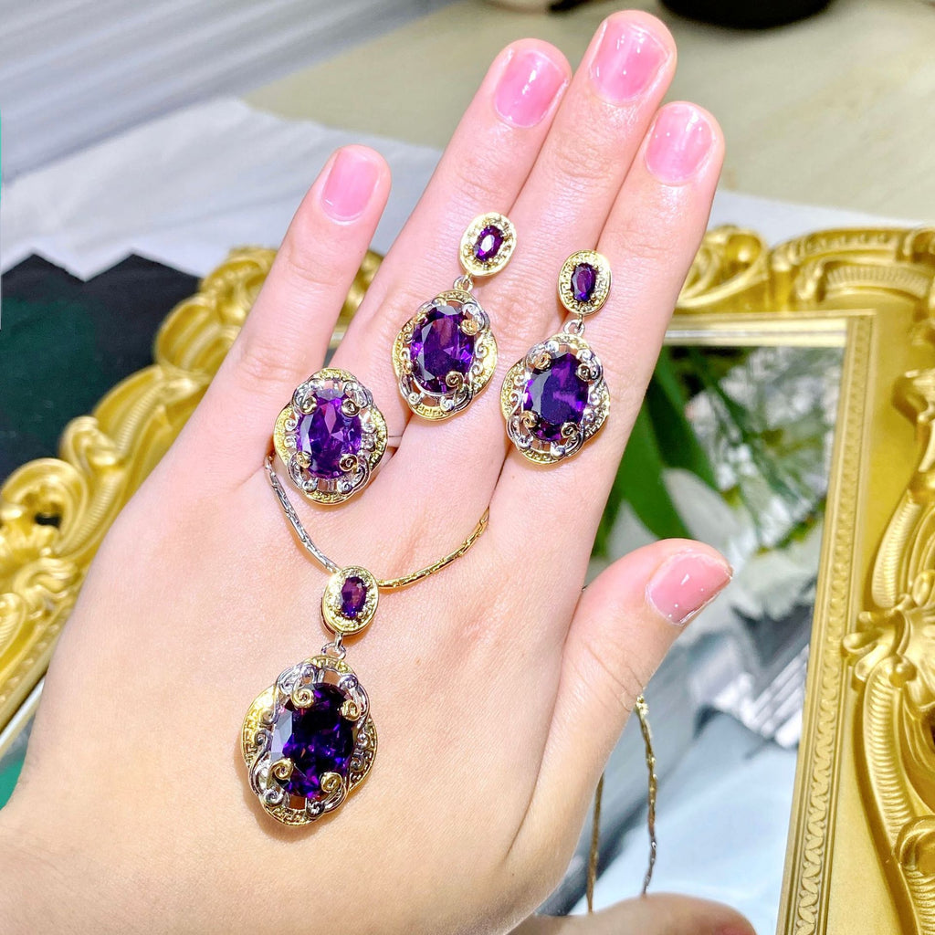 Double Color Gold Amethyst Carved Gold Craft Purple Diamond Suit / Jewelry Set