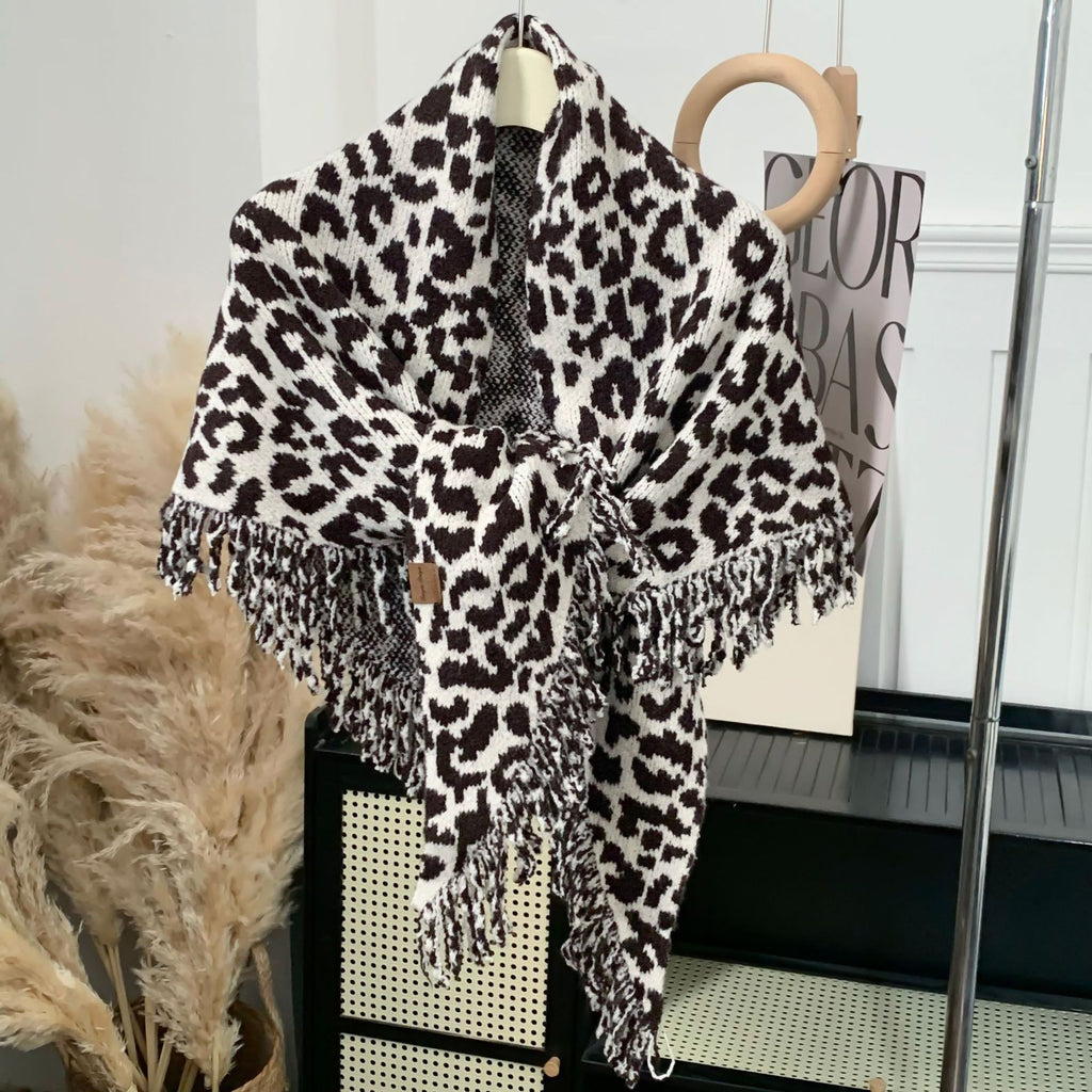 Warm And Stylish Leopard Fringe Scarf Shawl Two-in-one