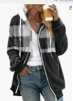 Plaid Color-block Fleece Hooded Zip-up Jacket