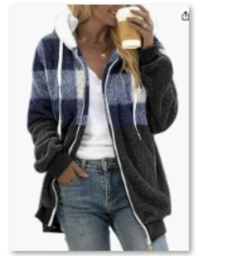 Plaid Color-block Fleece Hooded Zip-up Jacket