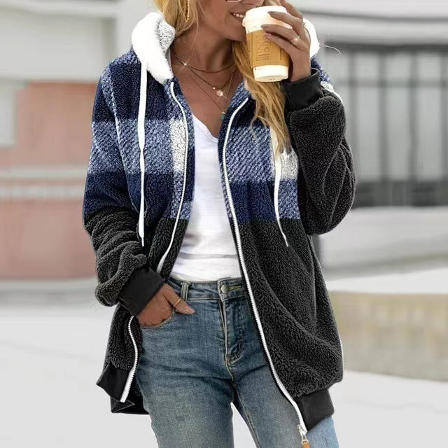 Plaid Color-block Fleece Hooded Zip-up Jacket